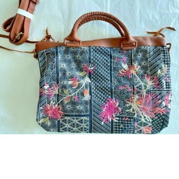Johnny Was Viviana Denim Weekender Bag Floral Embroidery Handbag Brown Grey NEW - Picture 3 of 6